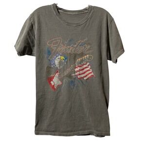 Fender Mens Graphic T Shirt Small Eagle Guitar‎ American Flag Gray Short Sleeve